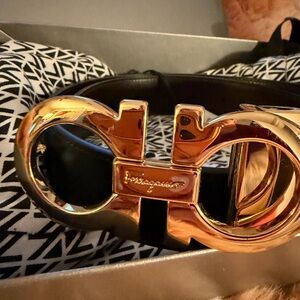 Salvatore Ferragamo Black Belt with Gold Buckle